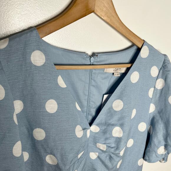 Loft Short Sleeve Linen Blend Mini Dress 6 Blue White Polka Dot 2025 Style - Picture 6 of 12